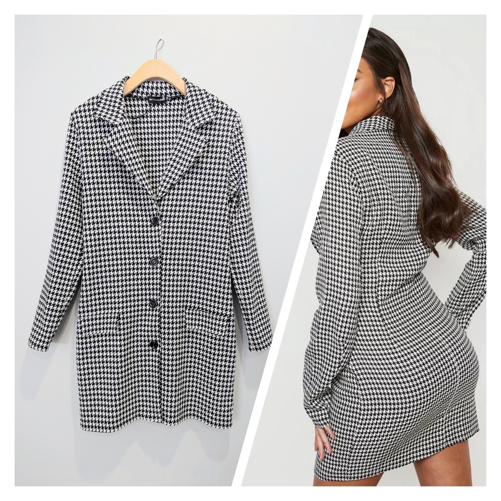 PrettyLittleThing Black Monochrome Houndstooth Dress Blazer Size M/L